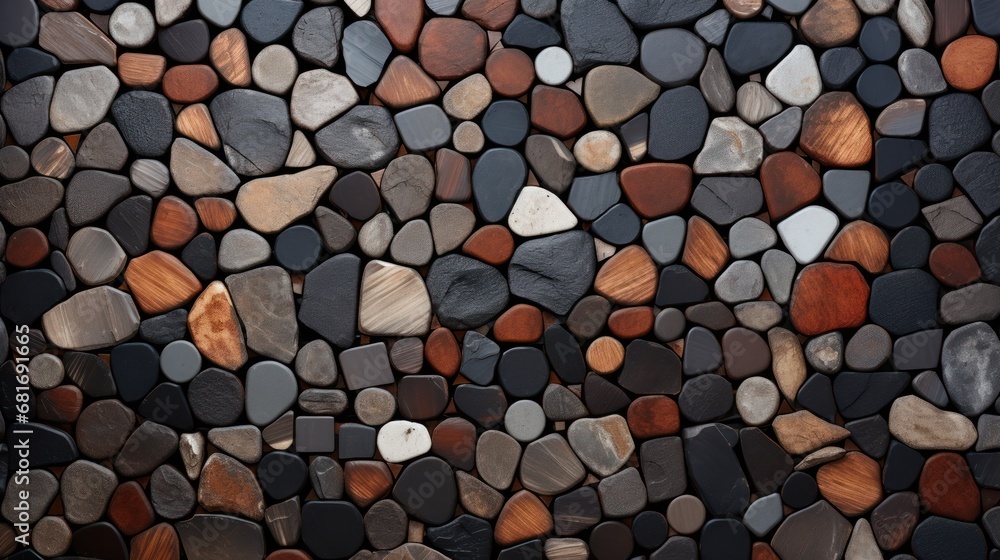 Poster a close up of a wall made out of various colored rocks and a white object in the middle of the pictu