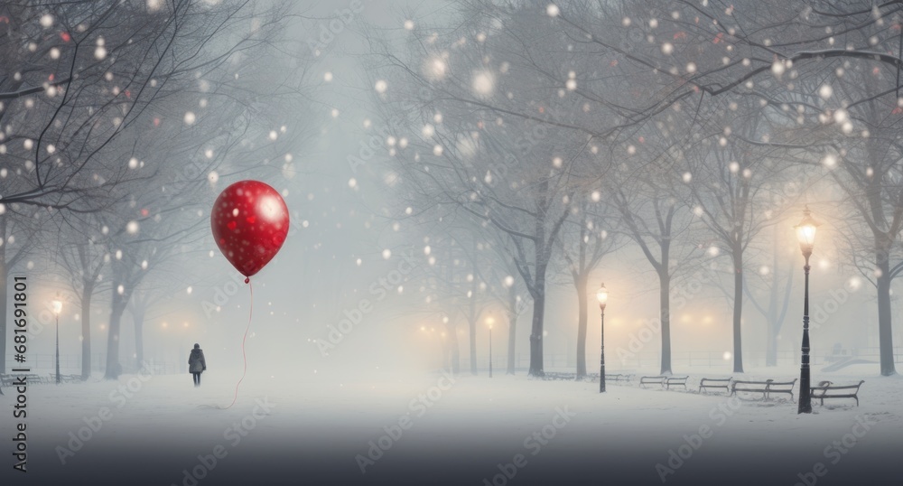 Poster a person standing in a snowy park with a red balloon attached to a string with a string attached to 