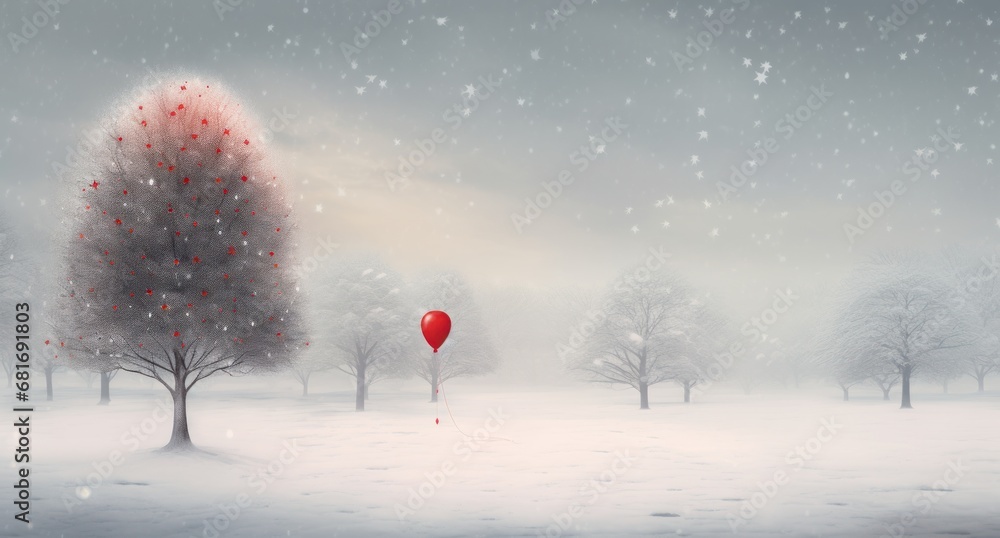 Poster a painting of a snowy landscape with a red balloon in the foreground and a tree in the foreground.