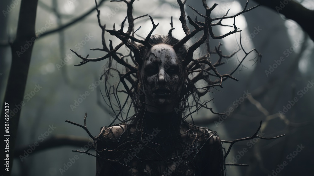 Poster a man standing in the middle of a dark forest, surrounded by tall trees he appears to be in a state 