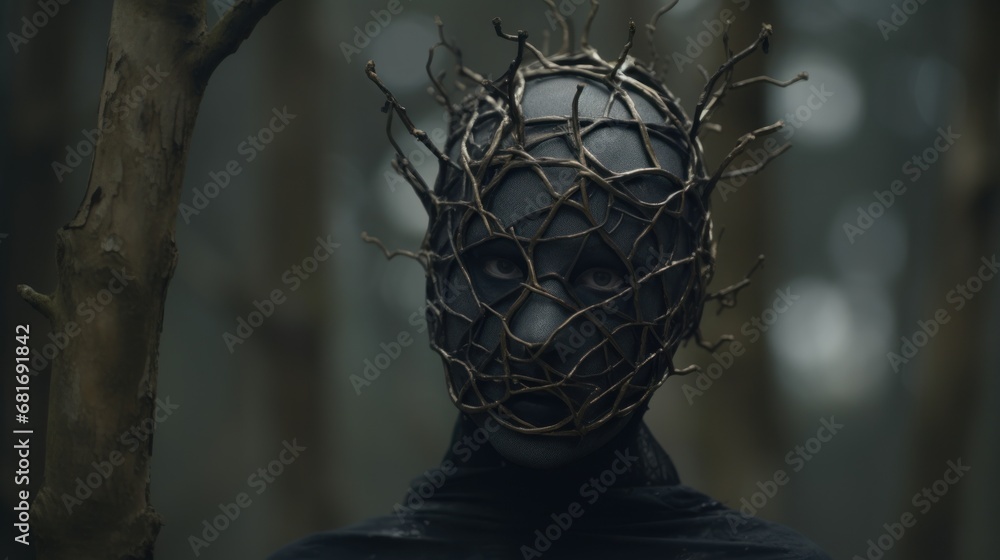 Poster a man in a black cloak with a crown on his head standing in a forest with a tree in front of him.