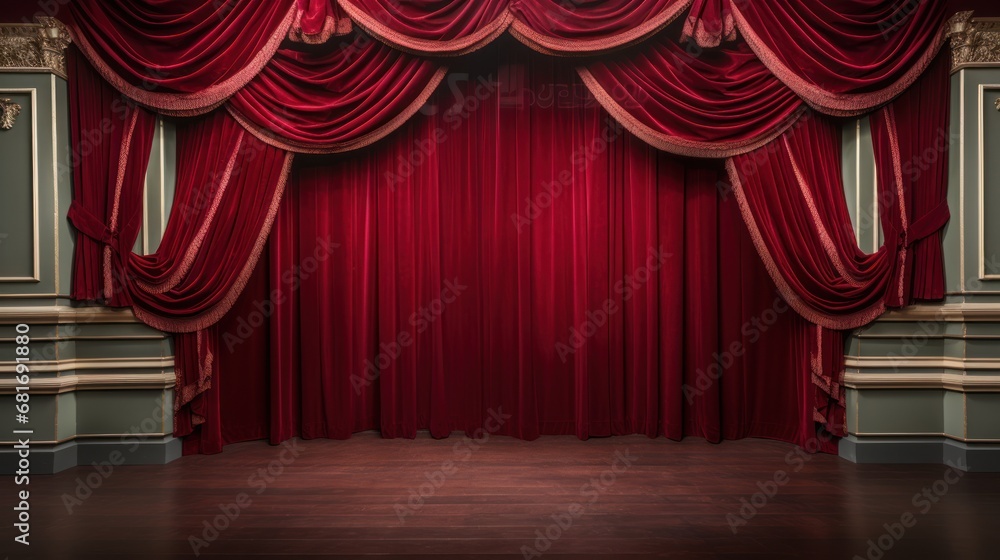Poster an empty stage with a red curtain and a wooden floor in front of a stage with a red curtain and a wo