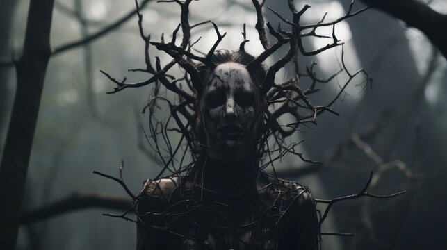  a man with a creepy face standing in a forest with bare branches on his head and a creepy mask on his face.