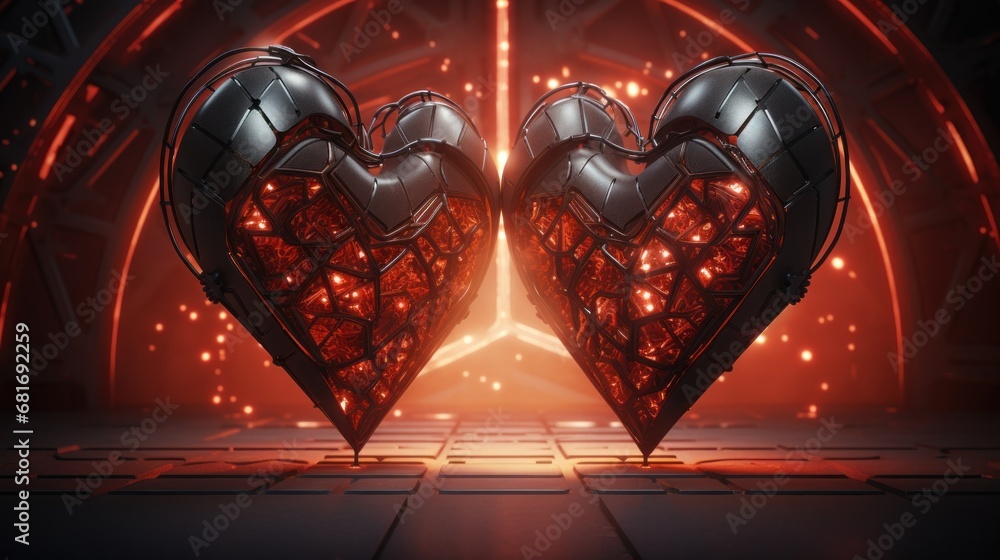 Poster a couple of heart shaped objects sitting in front of a red and black tunnel with lights coming out o