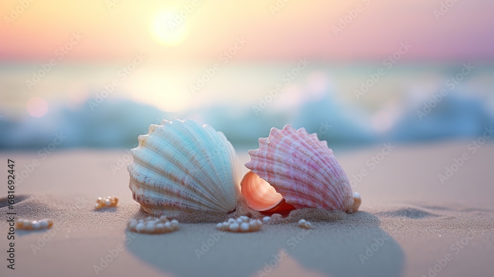 Poster two seashells on a sandy beach with the sun setting in the backgrouund and the ocean in the backgrou