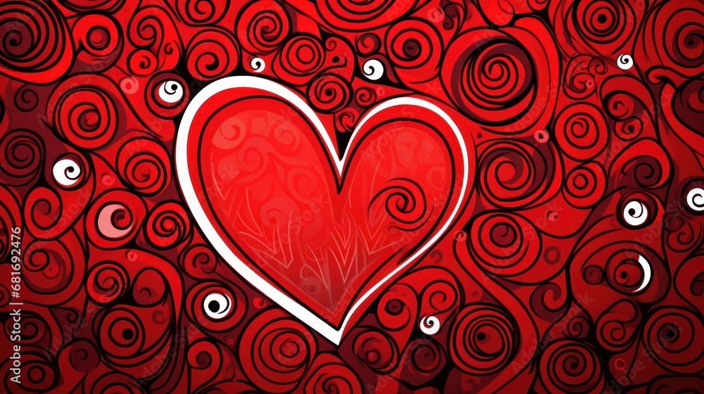 Poster a red heart on a red background with swirls and bubbles in the shape of a heart with a white border.