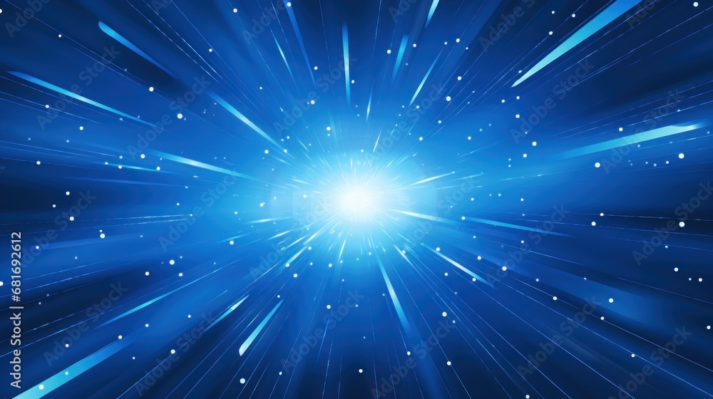 Poster a bright blue background with stars and a burst of light in the middle of the center of the image is