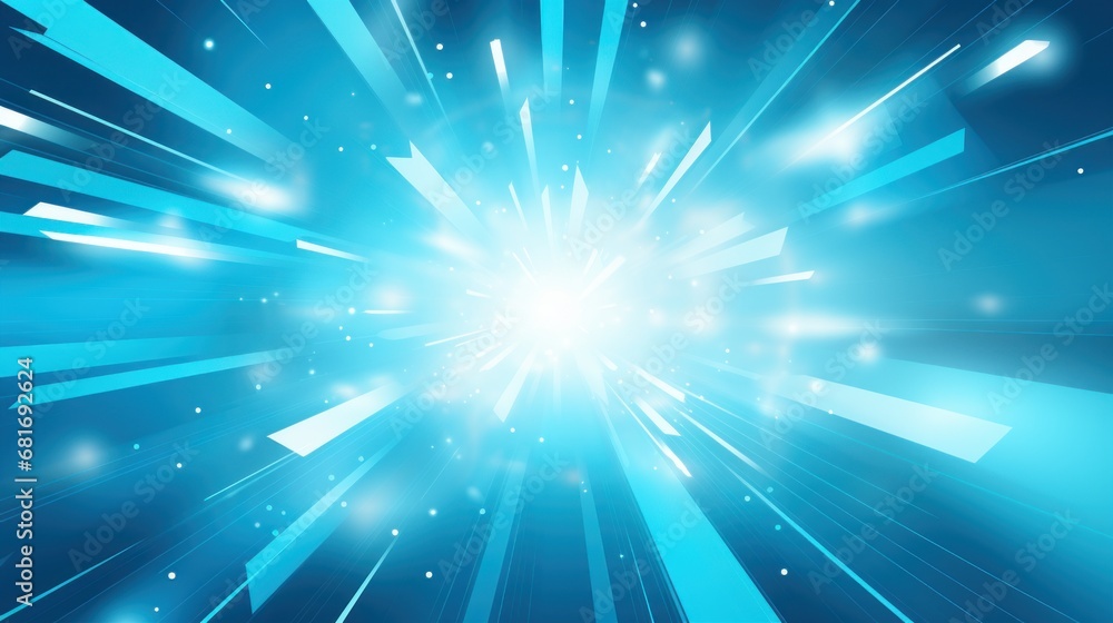 Poster a bright blue background with a burst of light coming out of the center of the center of the image i