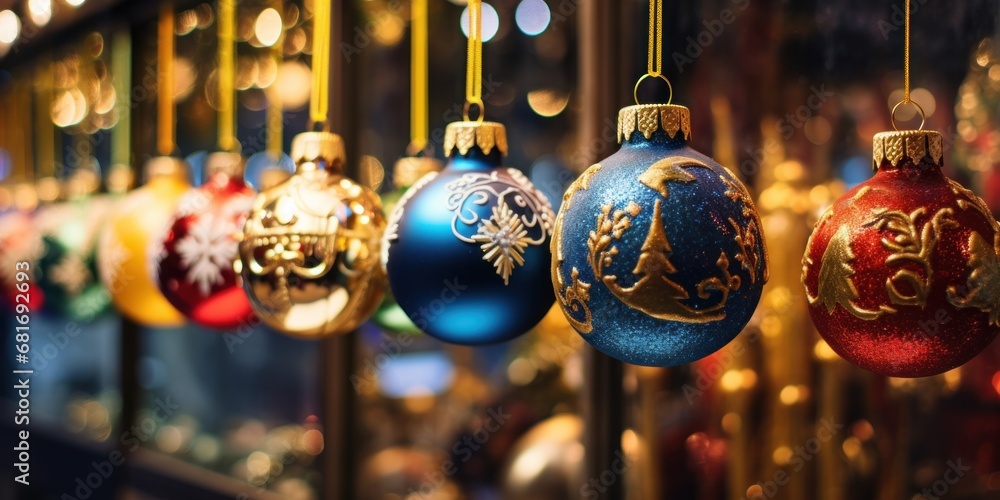 Poster a row of christmas ornaments hanging from a rack in front of a store front window with lights in the