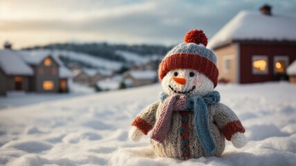 Cute snowman made of knitted wool, with a background of small houses in the distance, winter scenery.