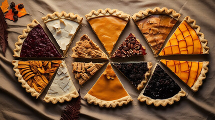 Thanksgiving pies slices on parchment paper, pumpkin and pecan pie - obrazy, fototapety, plakaty