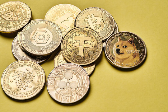 Close up of golden cryptocurrencies