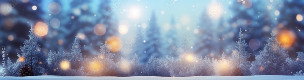 Canvas Prints  a blurry photo of a snowy landscape with trees in the foreground and a blue sky in the background.