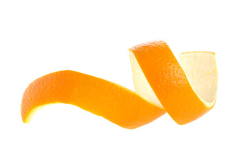 Orange twist isolated on a white background. Orange peel close-up. Orange citron.