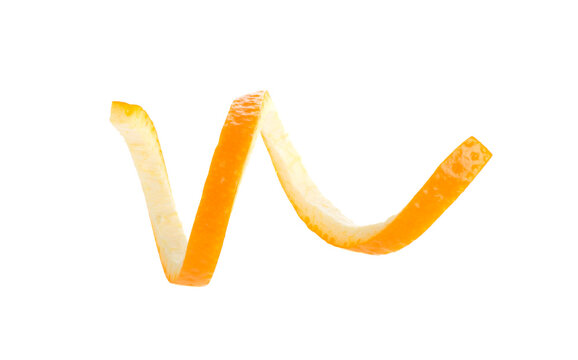 Orange twist isolated on a white background. Orange peel close-up. Orange citron.
