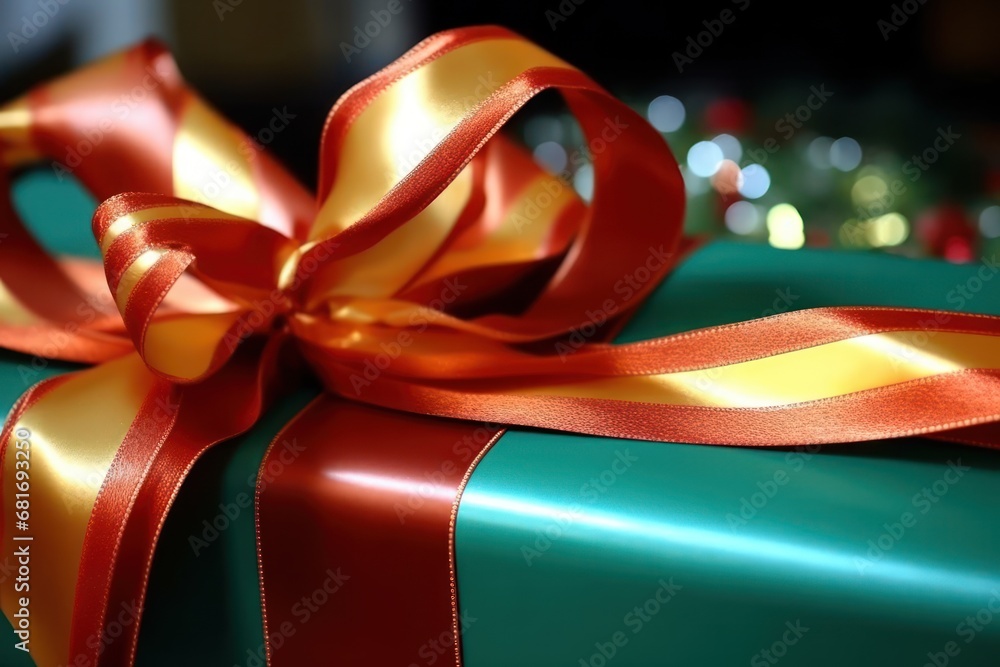 Poster a close up of a green gift box with a red ribbon and a green box with a red bow on it.