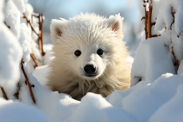 A picture of Cute Samoyed puppy on snow in winter forest closeup Generative AI - obrazy, fototapety, plakaty