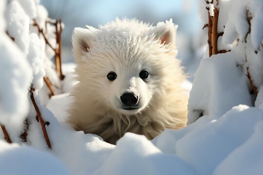 A picture of Cute Samoyed puppy on snow in winter forest closeup Generative AI
