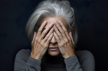 a woman holding her face against her hand