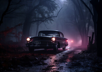 Fototapeta na wymiar Enigmatic environment on a cloudy night with a car with its headlights on. AI generated