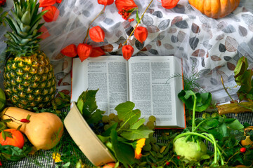 Decoration for the harvest festival with Fruits, vegetables, etc.