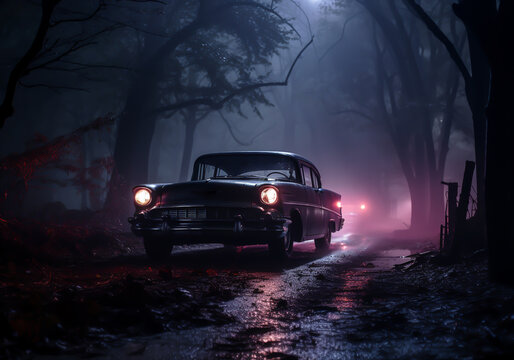 Enigmatic environment on a cloudy night with a car with its headlights on. AI generated