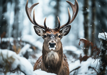 Deer in the snowy forest looking at us. AI generated
