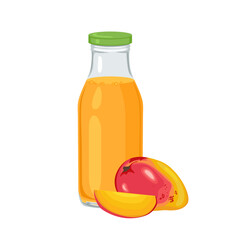 Mango juice in bottle isolated on white background. Vector cartoon illustration of fresh fruit tropical drink.