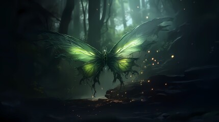 Ein gespenstischer grün leuchtender Schmetterling in der Nacht.