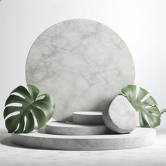Mockup Background Abstract White Stone Podium Set On Concrete Floor And Palm Leaves Plant. Generative AI.