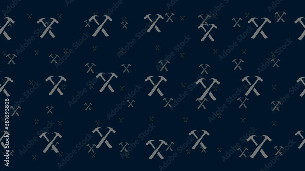Poster crossed hammers symbols float horizontally from left to right. parallax fly effect. floating symbols