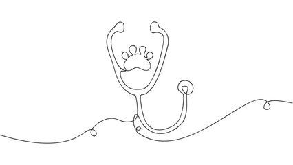 Continuous one line drawing of stethoscope with animal paw. Vector, Veterinary hospital.