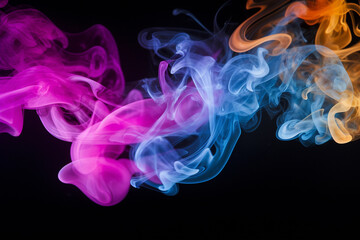 Fototapeta premium Creative Vibrant Smoke Swirls in Blue, Pink, and Yellow Hues Against a black background. Ai generated