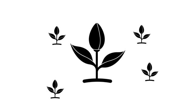 Zoom in and out animation the sprout symbol. Large black symbol in the center and four small symbols around. Seamless looped 4k animation on white background
