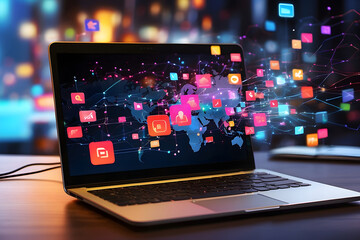 The vibrant image captures a laptop screen displaying various notifications, depicting the concept of a bustling internet communication hub. The primary subject is an icon on the laptop, AI