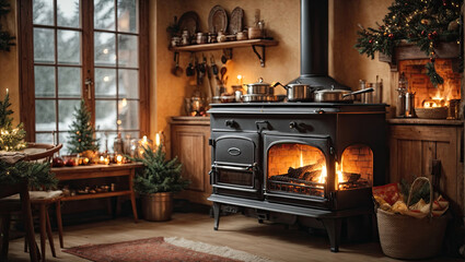 Cozy village kitchen with Christmas decor and a cast iron stove fireplace, new Year's mood,...