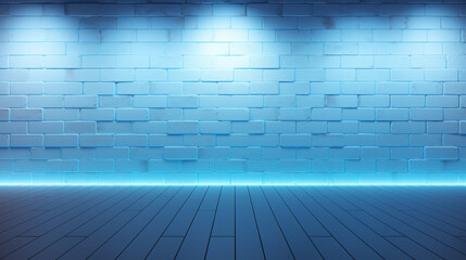 Mur en brique blanc avec lumière bleu au plafond. Ambiance calme, lumineux. Mock-up. Fond pour conception et création graphique, bannière. - obrazy, fototapety, plakaty