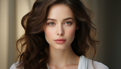 Fototapeta premium Beautiful woman with long brown hair looking at camera confidently generated by AI