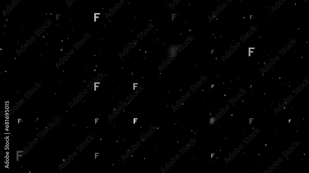 Poster template animation of evenly spaced capital letter f symbols of different sizes and opacity. animati