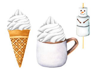 Sweet dessert ice creams, gelato, ice-cream cone and popsicle. Hot drink cup with whipped cream. Christmas marshmallow snowman, snow men. Watercolor illustration for Valentine's Day, xmas or birthday