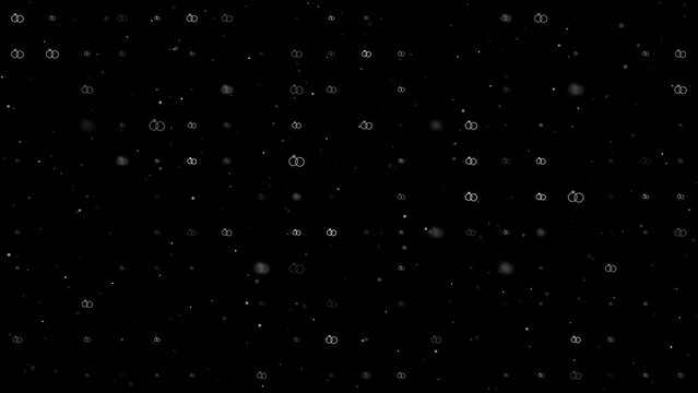 Template animation of evenly spaced wedding rings symbols of different sizes and opacity. Animation of transparency and size. Seamless looped 4k animation on black background with stars