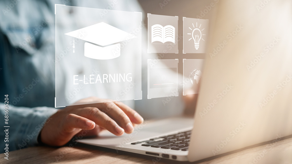 Poster Concept of Online education. man use Online education training and e-learning webinar on internet for personal development and professional qualifications. Digital courses to develop new skills...