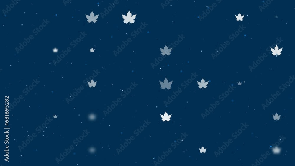 Poster template animation of evenly spaced maple leaf symbols of different sizes and opacity. animation of 