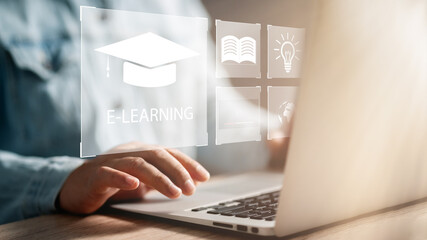 Concept of Online education. man use Online education training and e-learning webinar on internet...