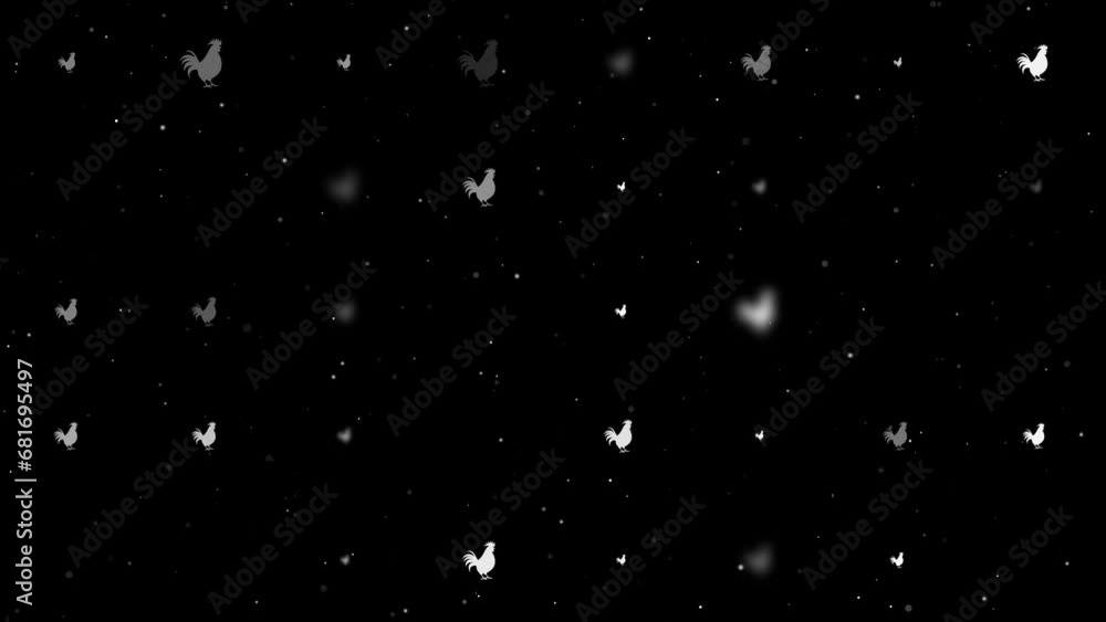 Poster template animation of evenly spaced rooster symbols of different sizes and opacity. animation of tra