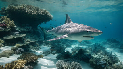 Fototapeta premium a grey shark with sharp teeth swimming in a beautiful blue ocean reef at an island with fishes, .AI