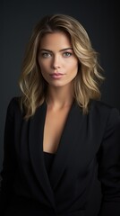 Fototapeta premium A portrait of a woman wearing a chic black blazer, looking confidently at the camera
