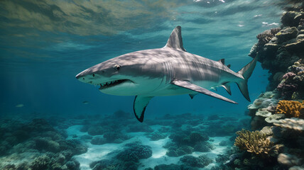 Fototapeta premium a grey shark with sharp teeth swimming in a beautiful blue ocean reef at an island with fishes, .AI