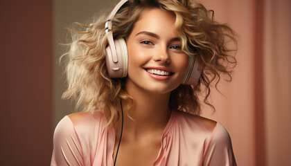 Smiling young woman with headphones enjoying music indoors generated by AI