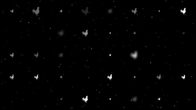 Template animation of evenly spaced rooster symbols of different sizes and opacity. Animation of transparency and size. Seamless looped 4k animation on black background with stars